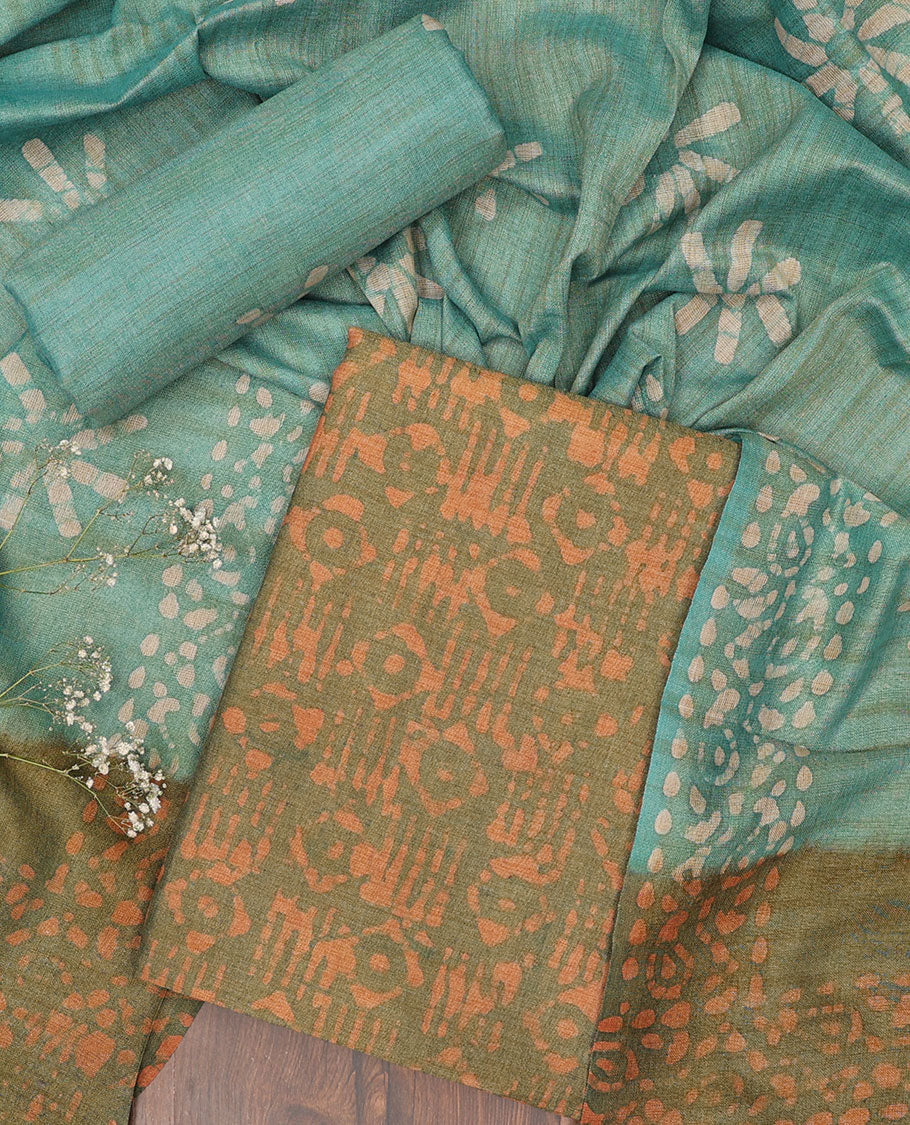 Green batik cotton chudidar material set, batik-style printed top, contrast printed bottom & batik printed dupatta