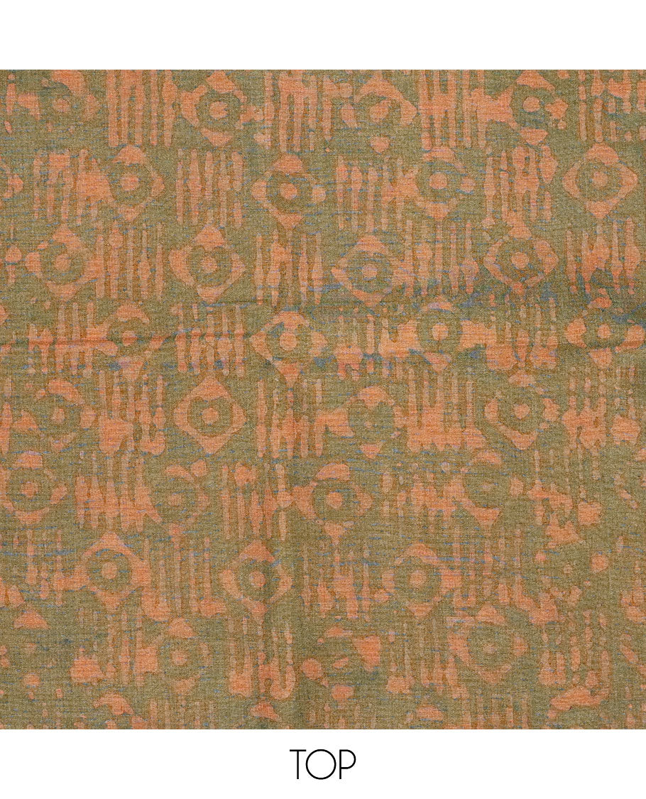 Green batik cotton chudidar material set, batik-style printed top, contrast printed bottom & batik printed dupatta