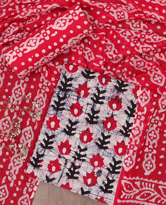 Multi-color batik cotton chudidar material set, batik-style printed top, contrast printed bottom & batik printed dupatta