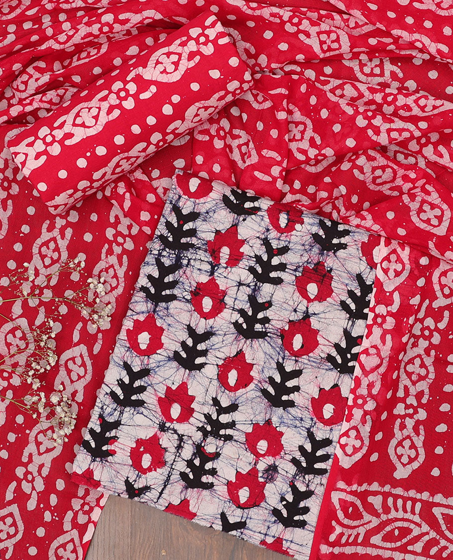 Multi-color batik cotton chudidar material set, batik-style printed top, contrast printed bottom & batik printed dupatta