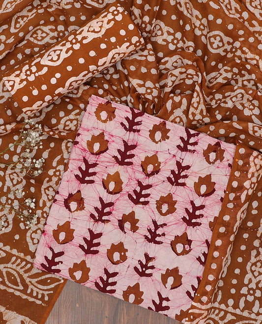 Pink batik cotton chudidar material set, batik-style printed top, contrast printed bottom & batik printed dupatta