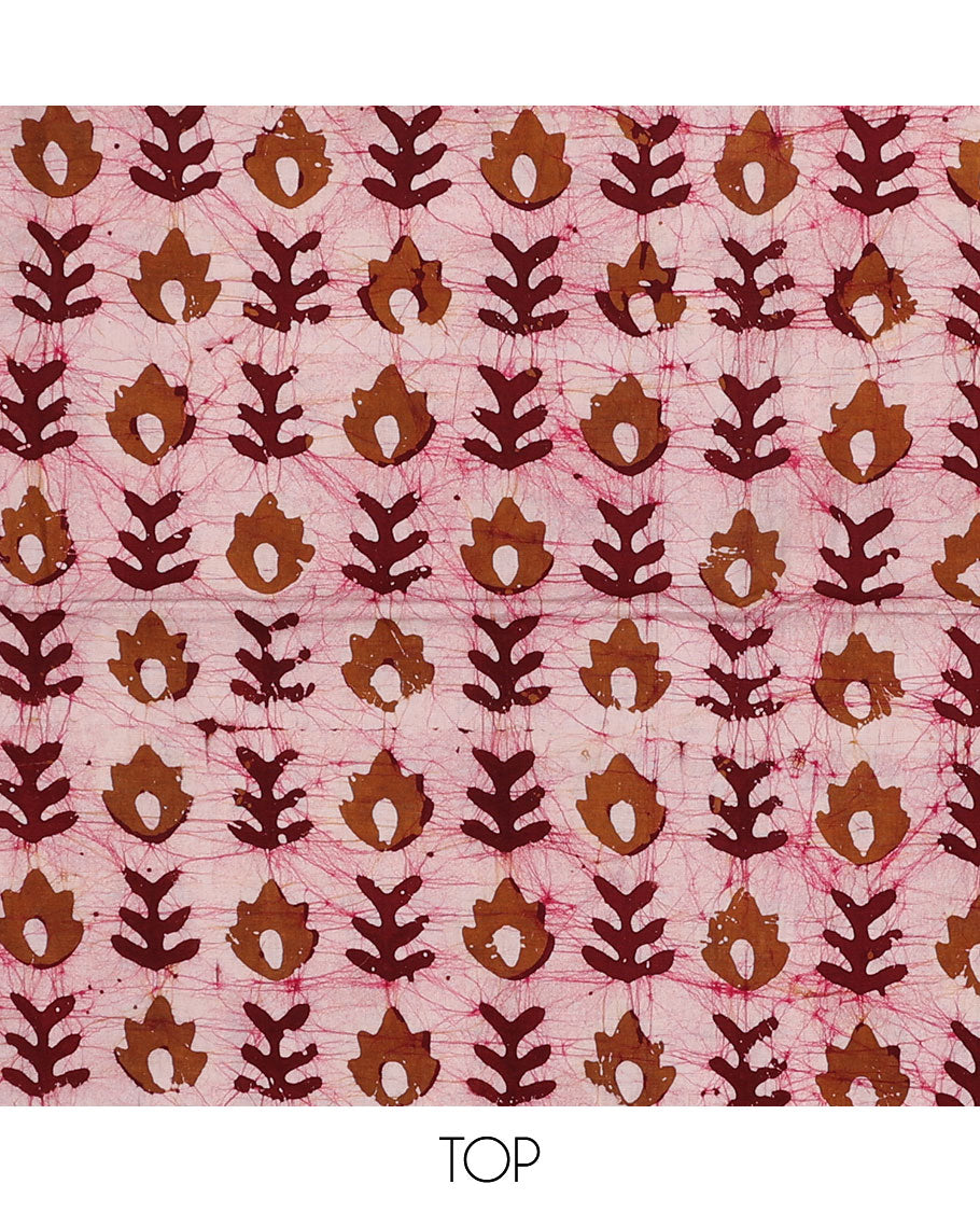 Pink batik cotton chudidar material set, batik-style printed top, contrast printed bottom & batik printed dupatta