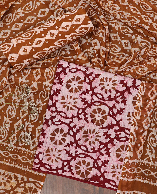 Pink chudidar material,floral vine batik-style printed  batik cotton top,contrast printed bottom & batik printed dupatta