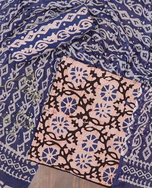 Orange chudidar material,floral vine batik-style print batik cotton top,contrast printed bottom & batik printed dupatta