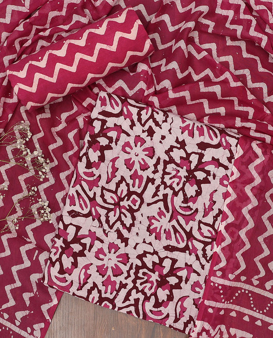 Pink chudidar material set, floral vine batik-style print batik cotton top, contrast bottom & dupatta of chevron print