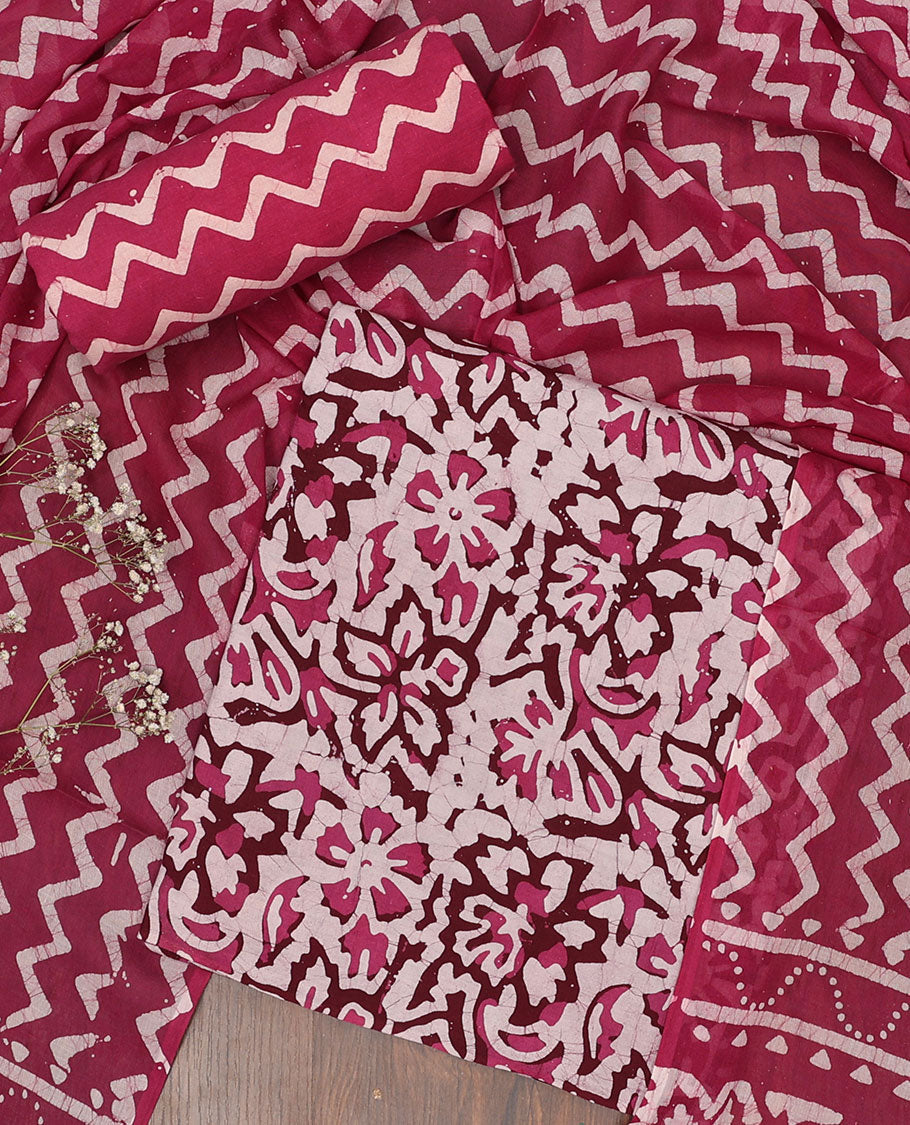 Pink chudidar material set, floral vine batik-style print batik cotton top, contrast bottom & dupatta of chevron print