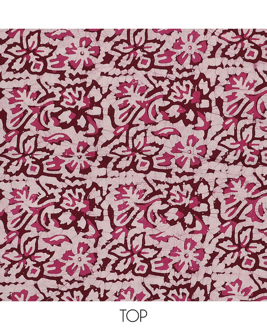 Pink chudidar material set, floral vine batik-style print batik cotton top, contrast bottom & dupatta of chevron print