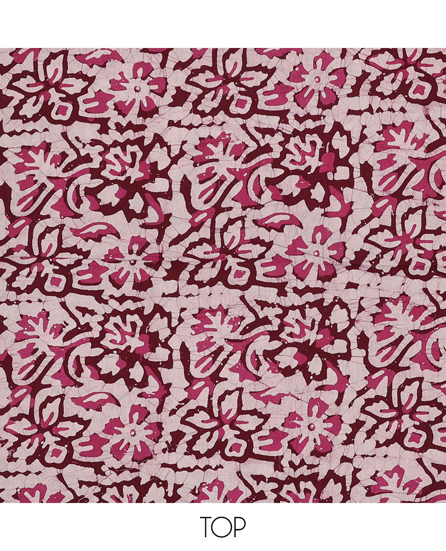Pink chudidar material set, floral vine batik-style print batik cotton top, contrast bottom & dupatta of chevron print