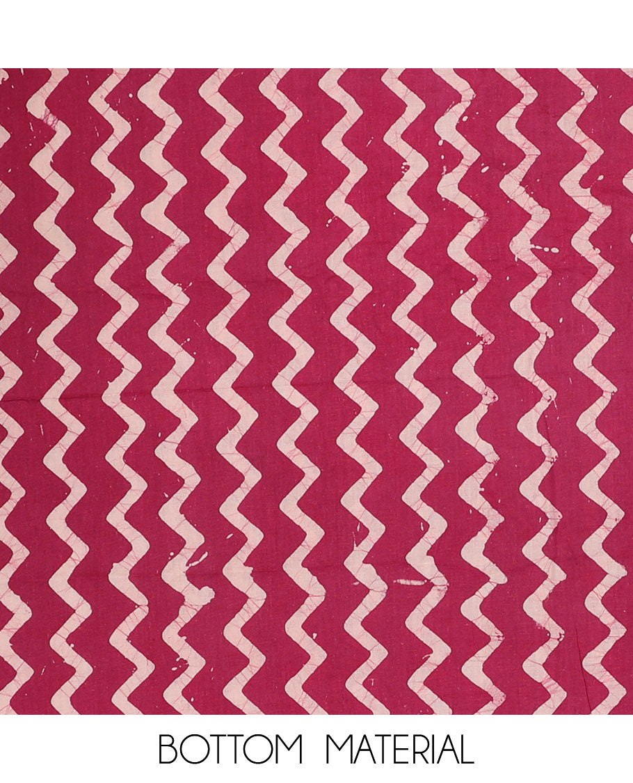 Pink chudidar material set, floral vine batik-style print batik cotton top, contrast bottom & dupatta of chevron print