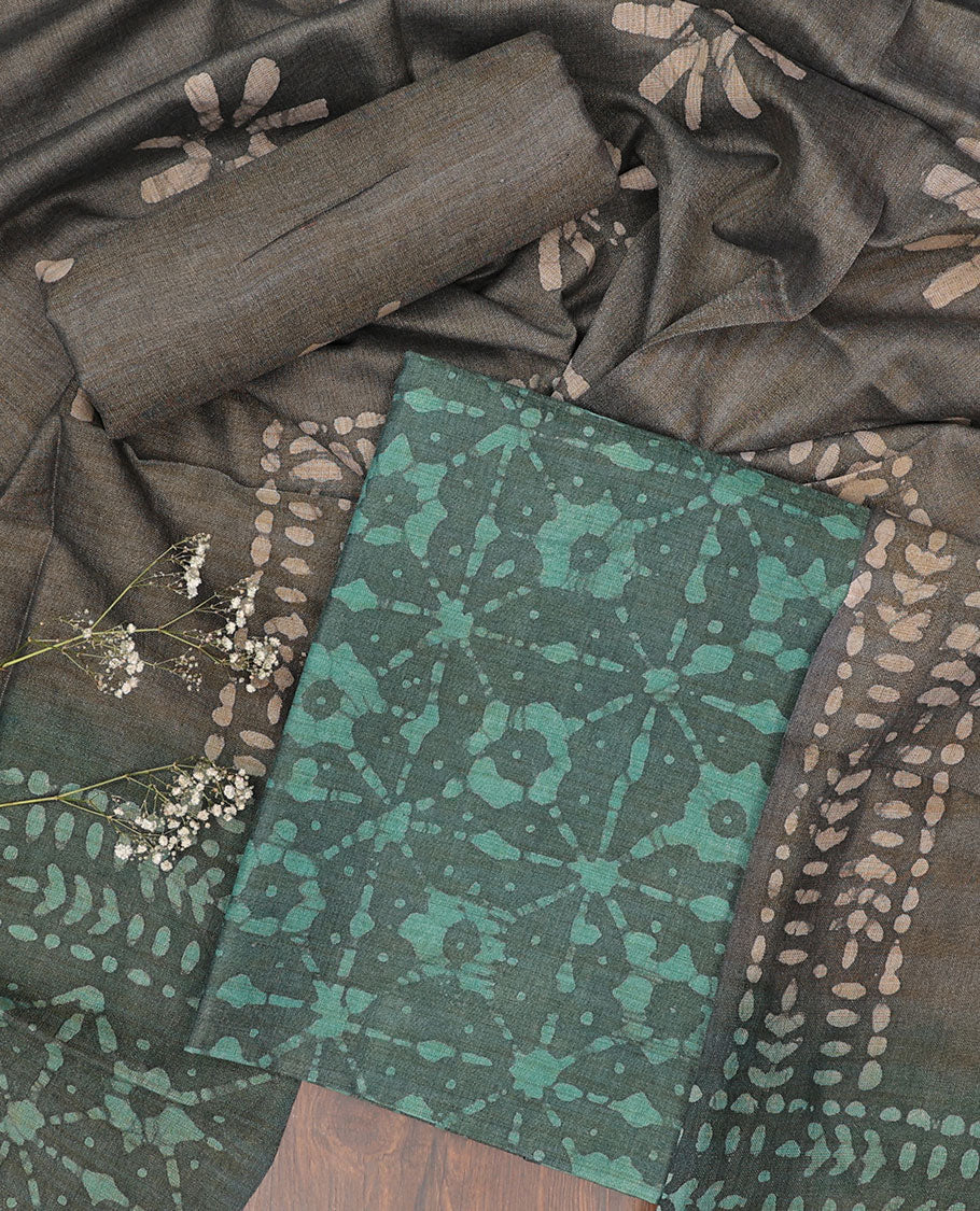 Green chudidhar material set, batik floral printed top, contrast batik printed bottom & batik printed dupatta