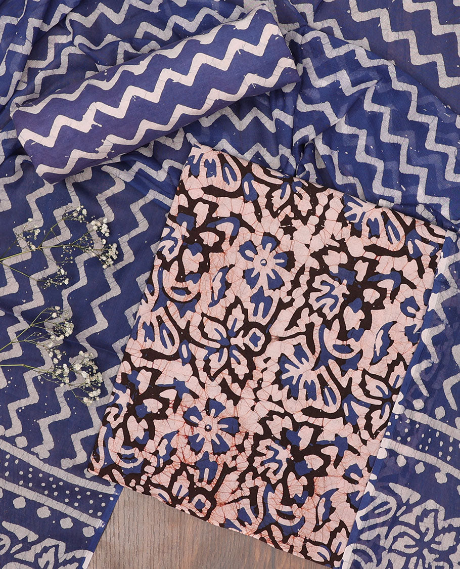 Peach chudidar material set, floral vine batik-style print cotton top, contrast bottom & dupatta of chevron print