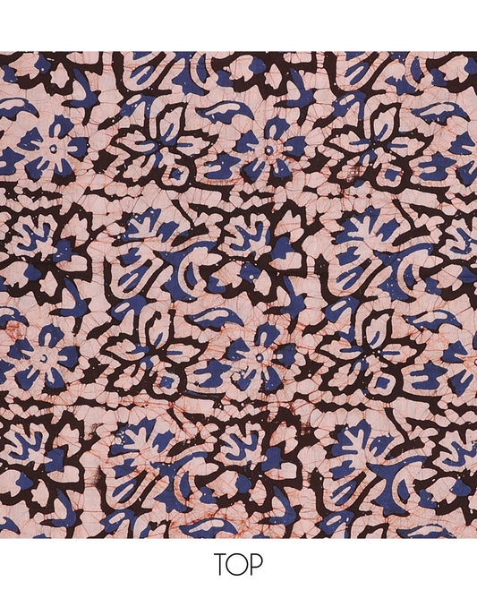 Peach chudidar material set, floral vine batik-style print cotton top, contrast bottom & dupatta of chevron print