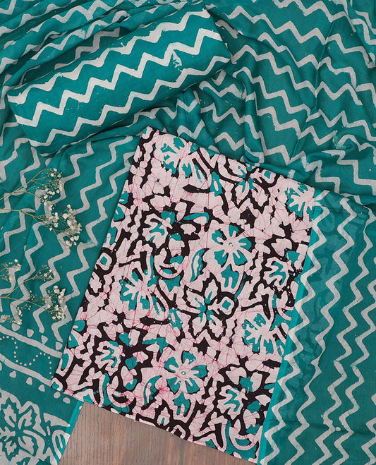 Peach chudidar material set, floral vine batik-style print batik cotton top, contrast bottom & dupatta of chevron print
