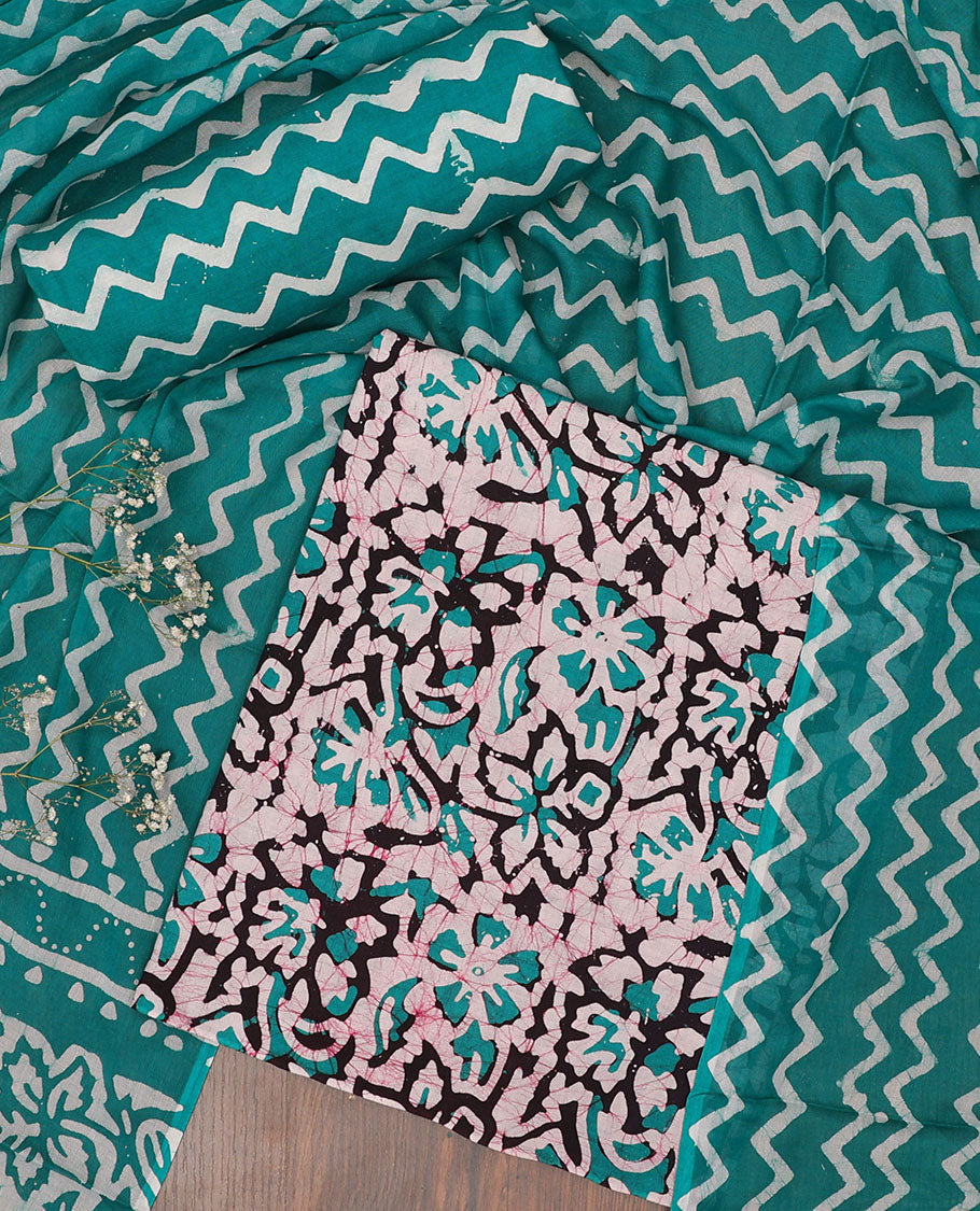 Peach chudidar material set, floral vine batik-style print batik cotton top, contrast bottom & dupatta of chevron print