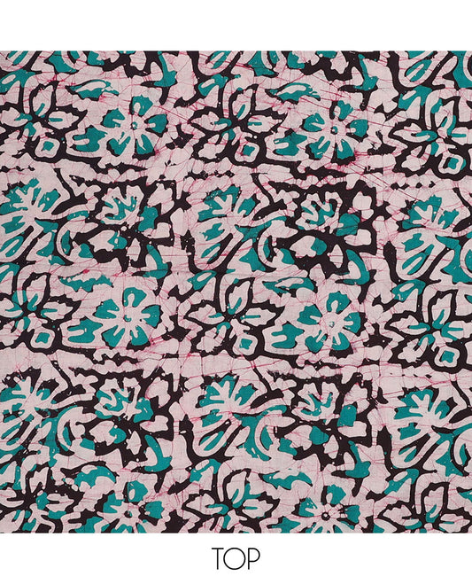Peach chudidar material set, floral vine batik-style print batik cotton top, contrast bottom & dupatta of chevron print