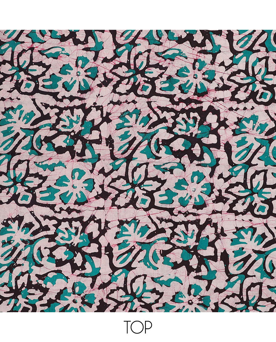 Peach chudidar material set, floral vine batik-style print batik cotton top, contrast bottom & dupatta of chevron print