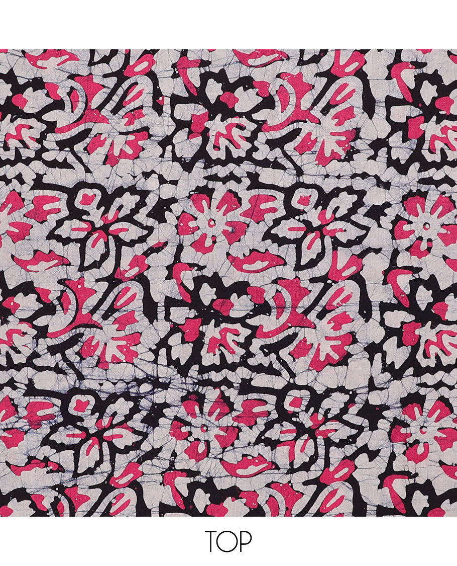 Black chudidar material set, floral vine batik-style print batik cotton top, contrast bottom & dupatta of chevron print