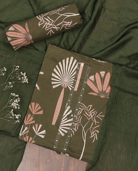 Green chudidar material set, floral motifs printed Jaipur cotton top, floral motifs printed bottom & plain dupatta