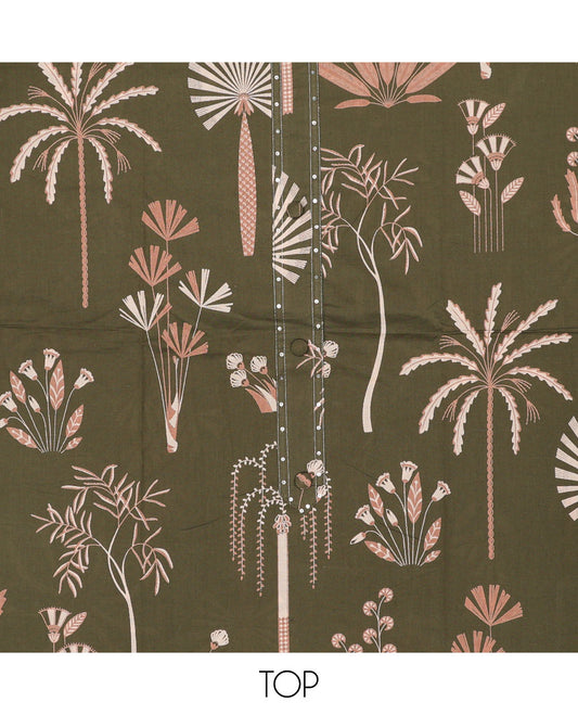 Green chudidar material set, floral motifs printed Jaipur cotton top, floral motifs printed bottom & plain dupatta