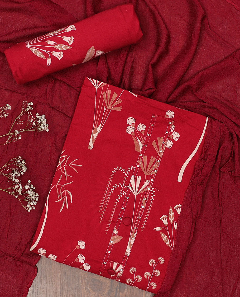 Red chudidar material set, floral motifs printed Jaipur cotton top, floral motifs printed bottom & plain dupatta