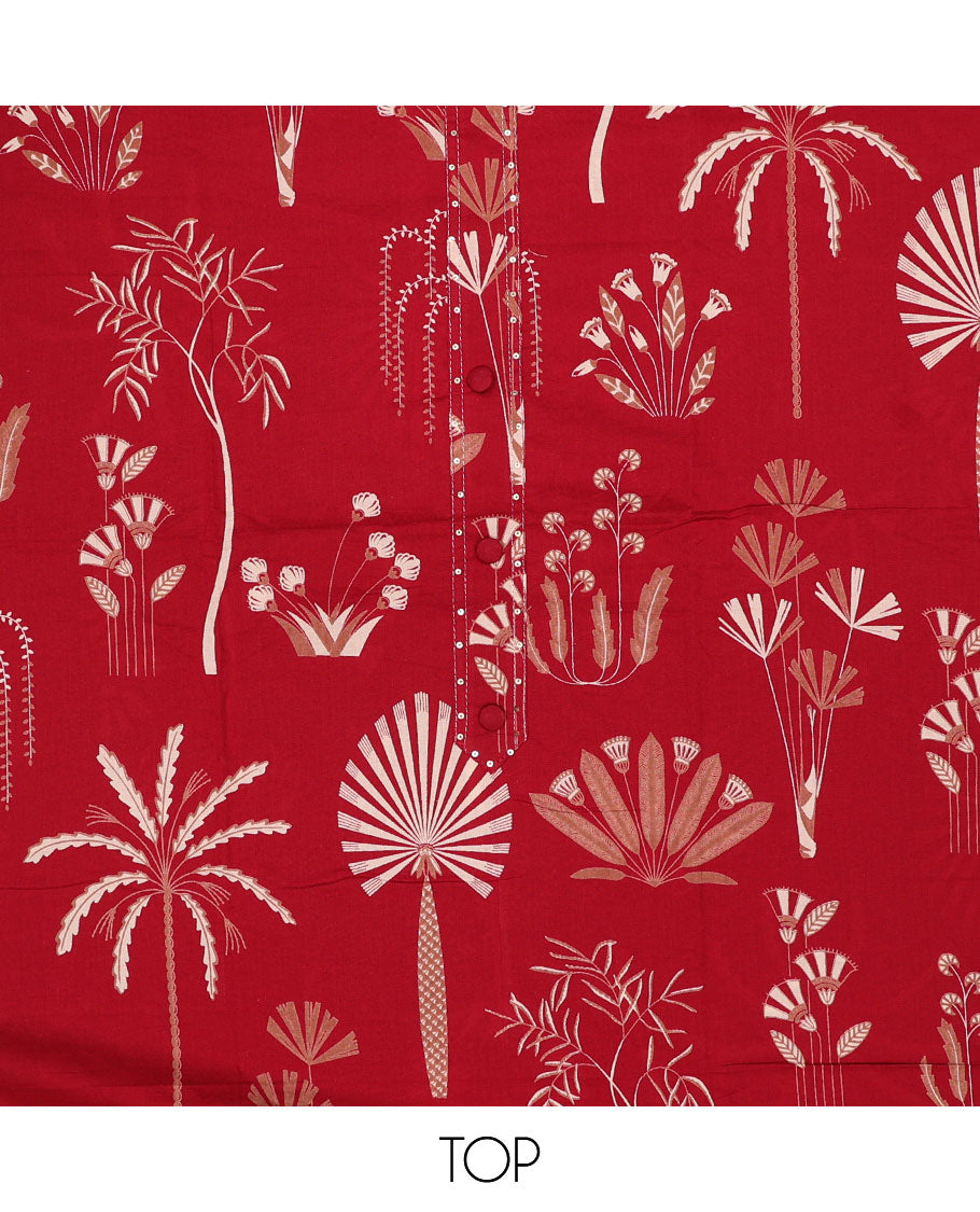 Red chudidar material set, floral motifs printed Jaipur cotton top, floral motifs printed bottom & plain dupatta