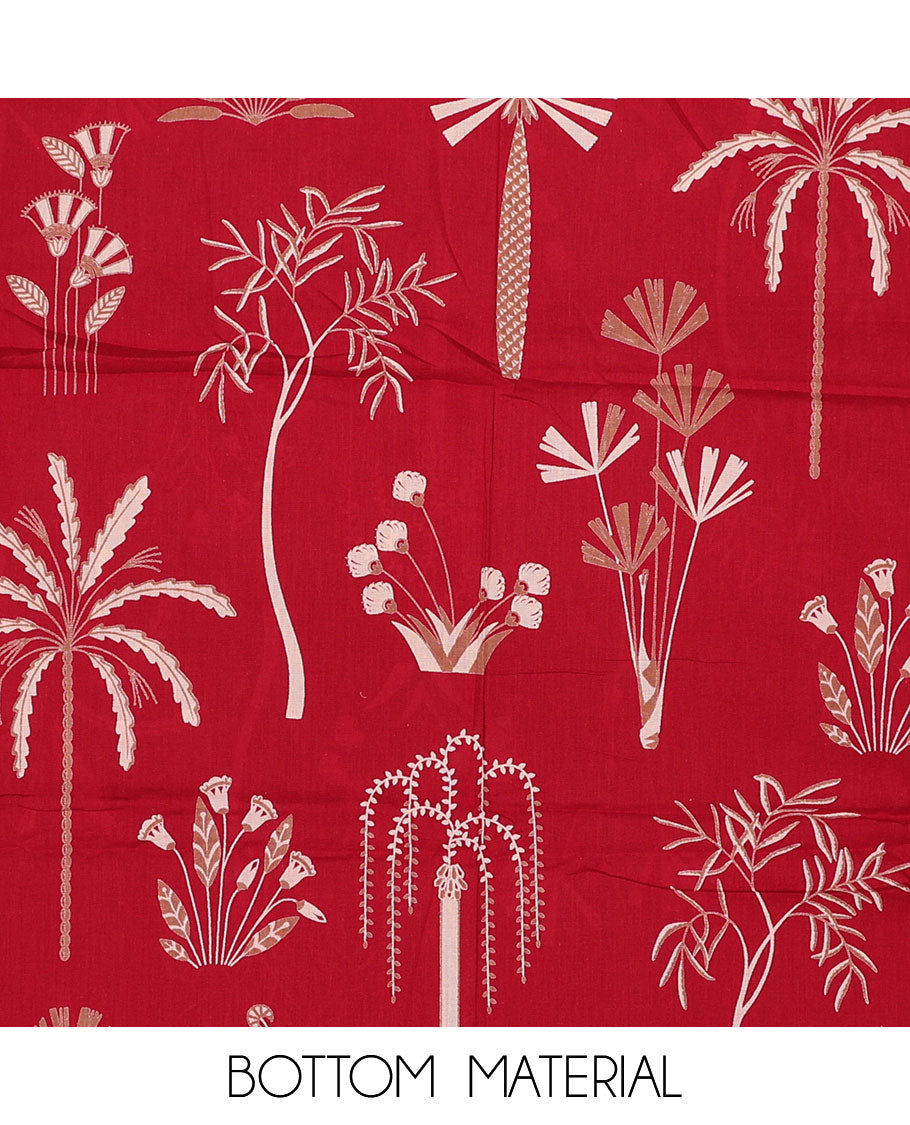 Red chudidar material set, floral motifs printed Jaipur cotton top, floral motifs printed bottom & plain dupatta
