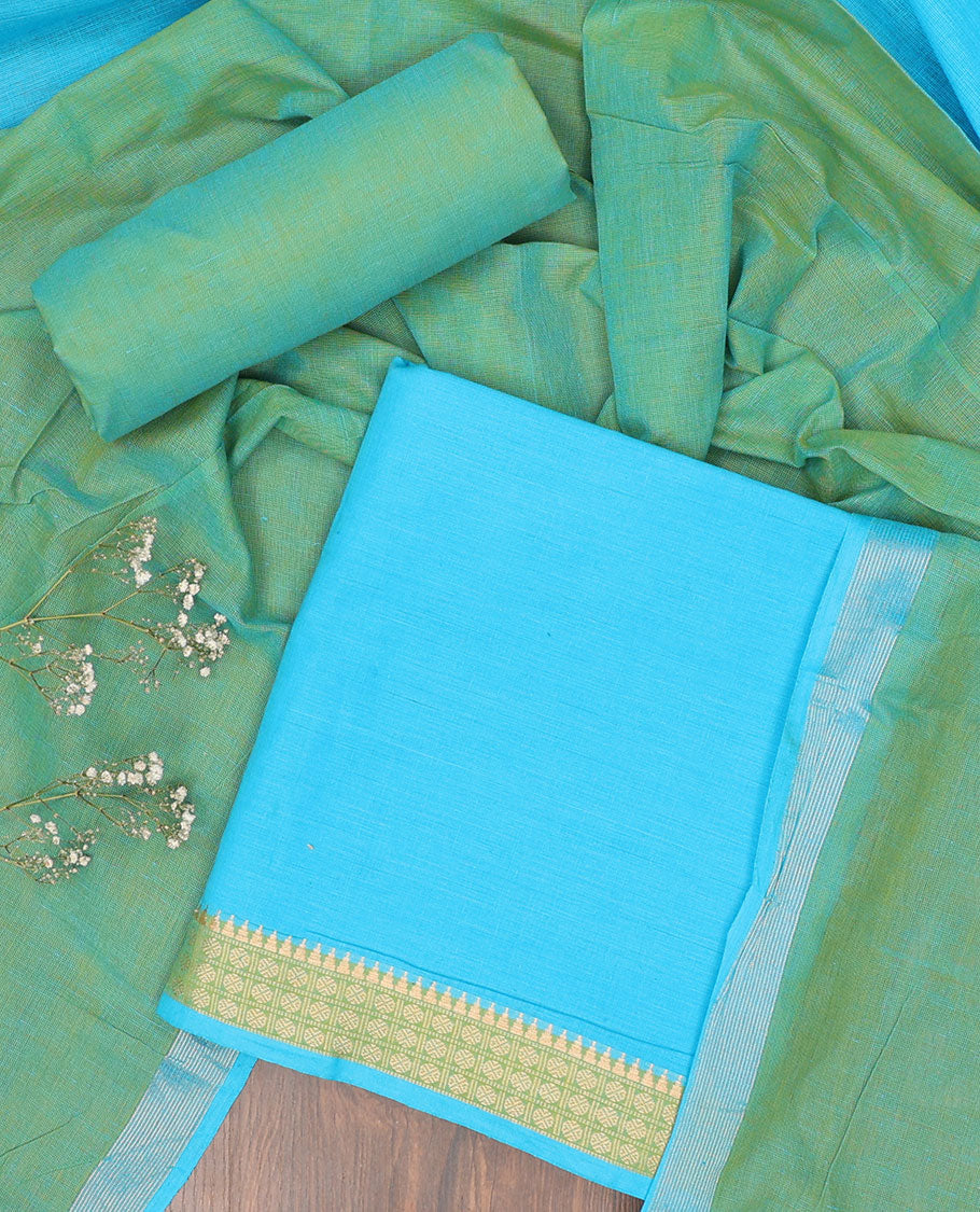 Blue chudidhar material set, traditional border top, contrast solid bottom & zari strip border dupatta