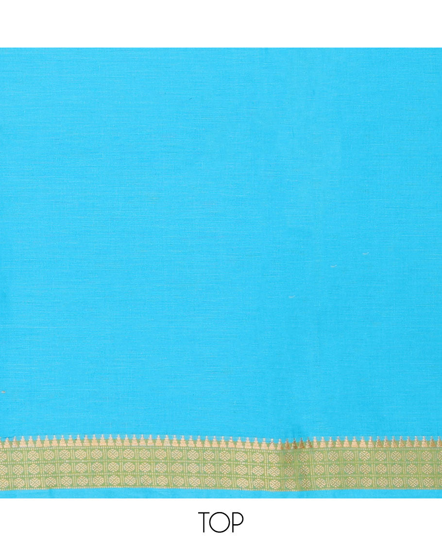 Blue chudidhar material set, traditional border top, contrast solid bottom & zari strip border dupatta