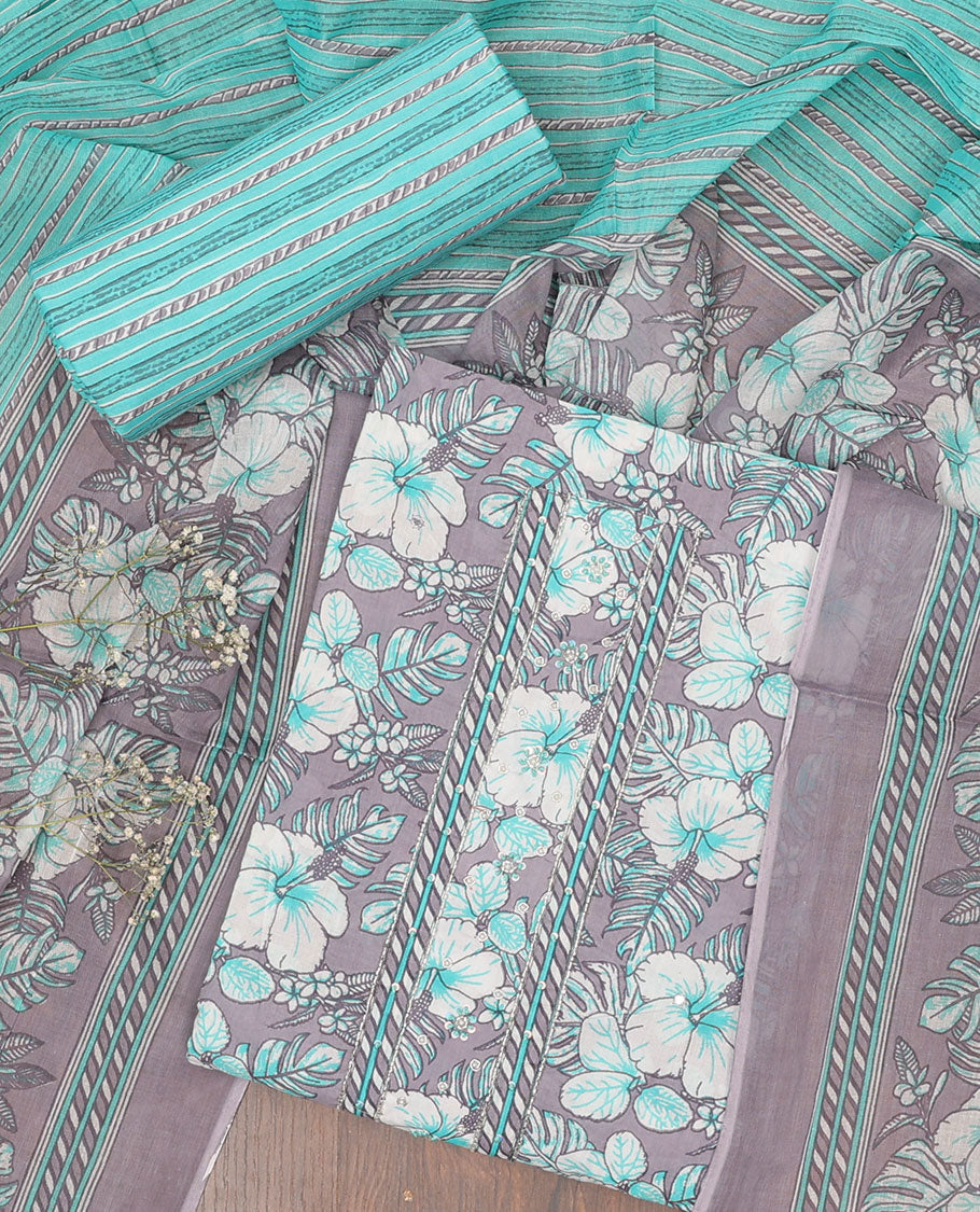 Lavender chudidar material,floral vine print top,contrast geometric printed bottom & floral & geometric printed dupatta