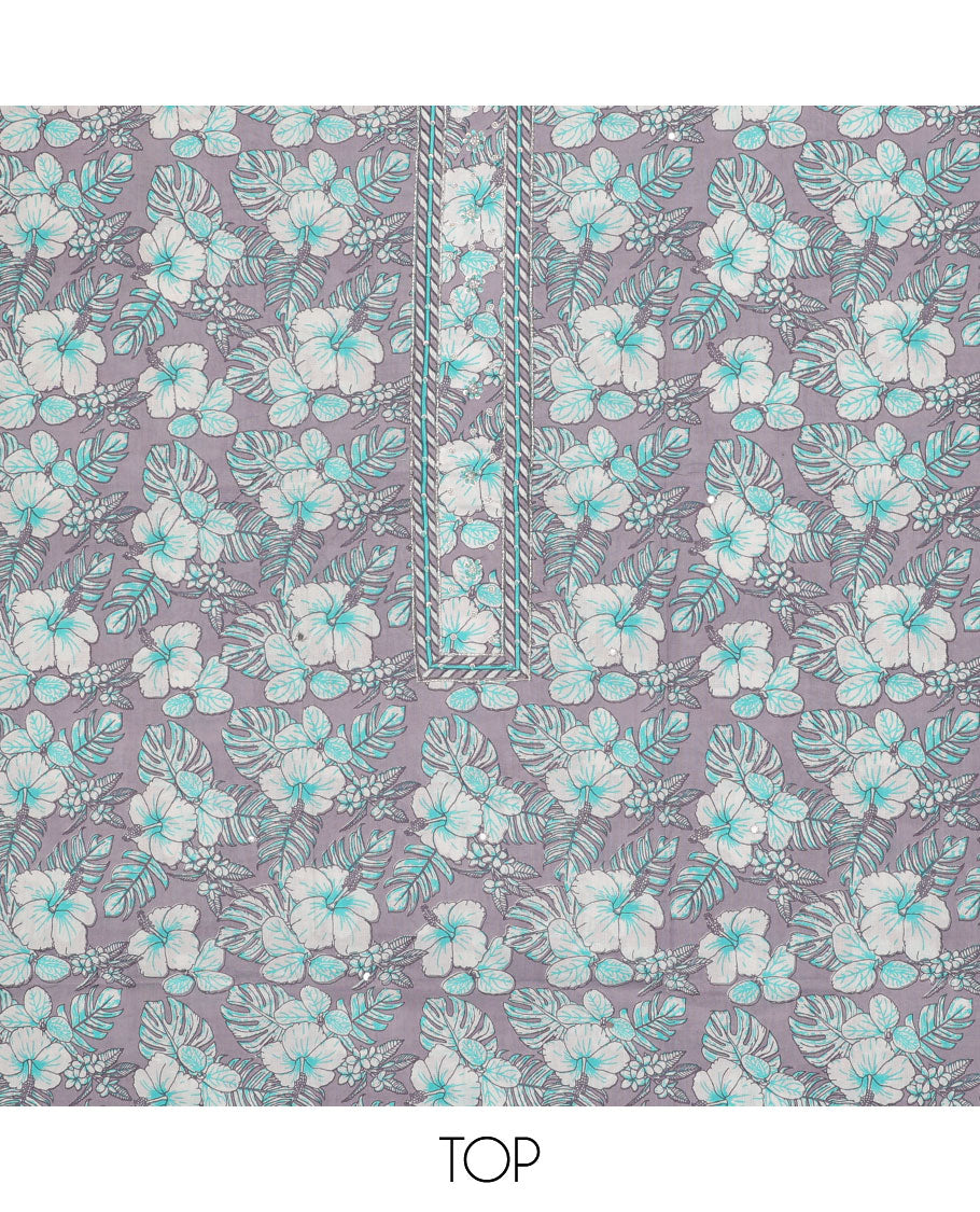Lavender chudidar material,floral vine print top,contrast geometric printed bottom & floral & geometric printed dupatta