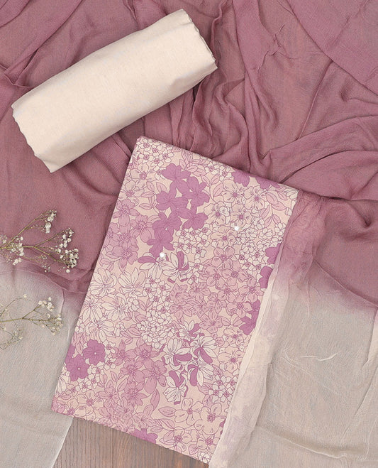 Pink chudidhar material set, floral printed top, contrast solid bottom & double-color dupatta