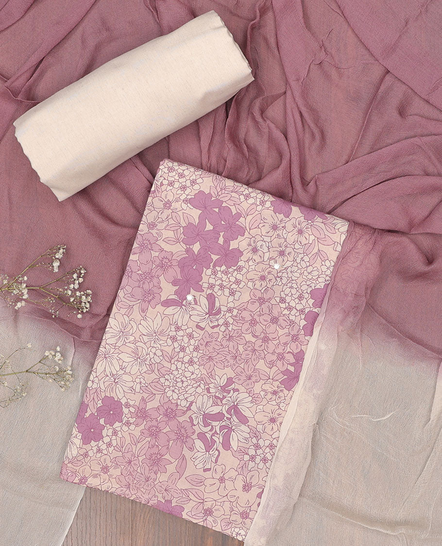 Pink chudidhar material set, floral printed top, contrast solid bottom & double-color dupatta