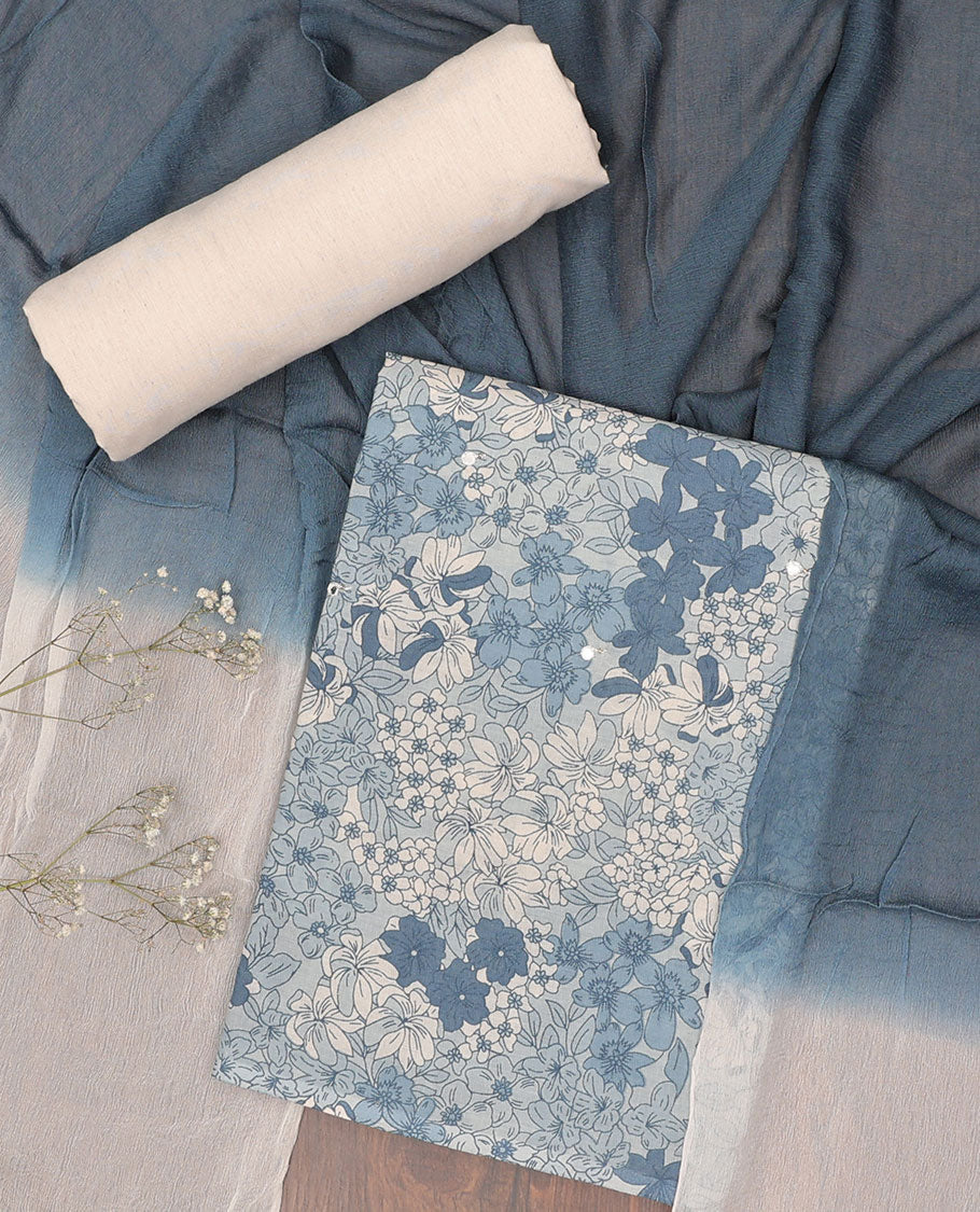 Grey chudidhar material set, floral printed top, contrast solid bottom & double-color dupatta