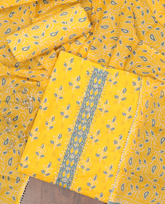 Yellow chudidar material set, floral motifs print top, floral vine printed bottom & floral vine printed  dupatta