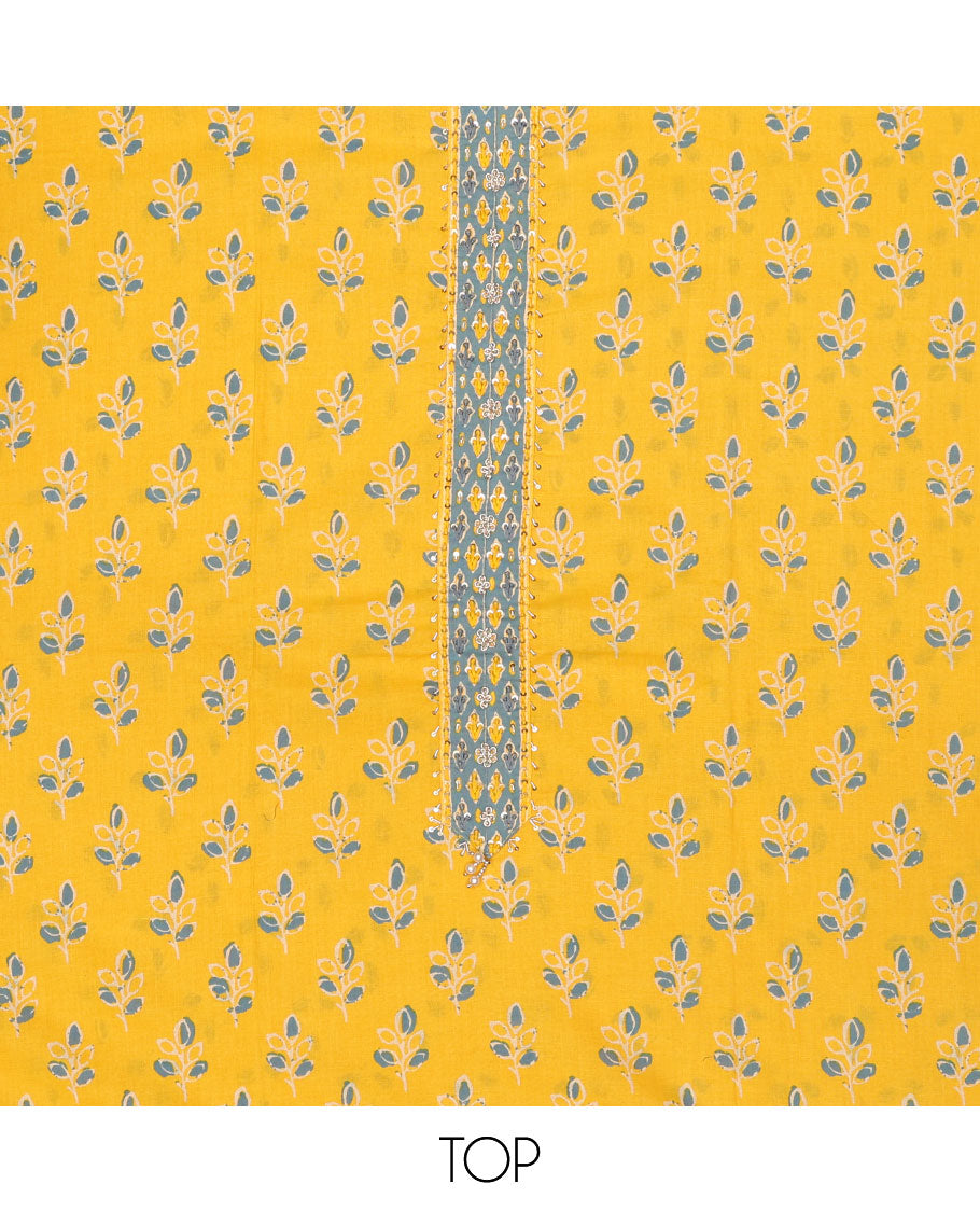 Yellow chudidar material set, floral motifs print top, floral vine printed bottom & floral vine printed  dupatta