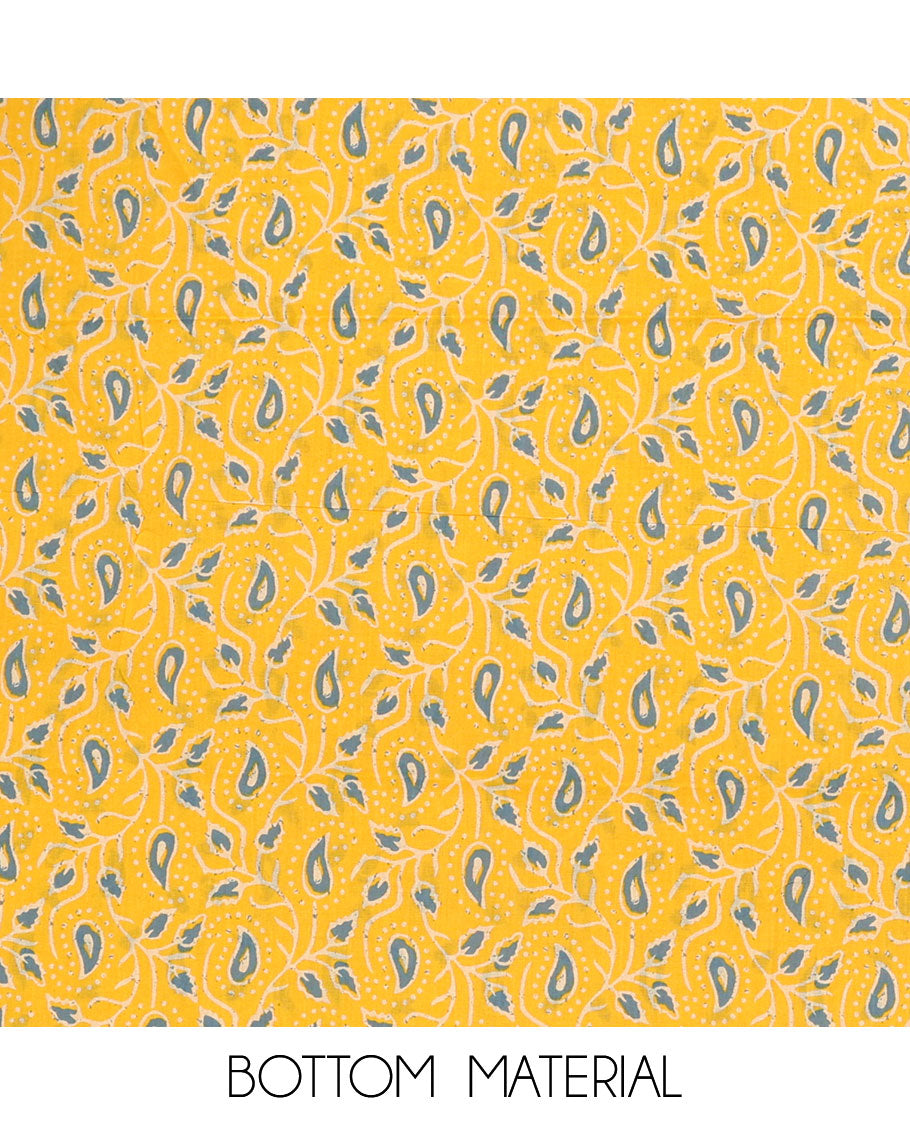Yellow chudidar material set, floral motifs print top, floral vine printed bottom & floral vine printed  dupatta