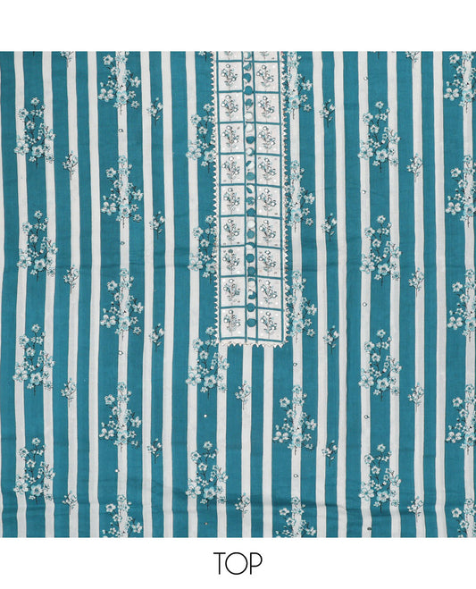 Teal blue chudidar material set, floral printed top, contrast floral motifs enclosed checked printed bottom & dupatta