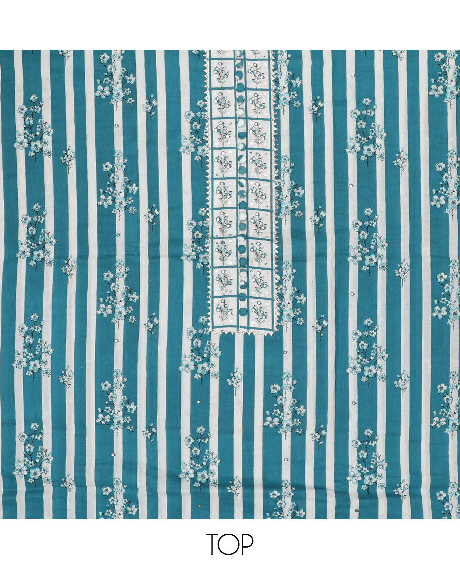 Teal blue chudidar material set, floral printed top, contrast floral motifs enclosed checked printed bottom & dupatta