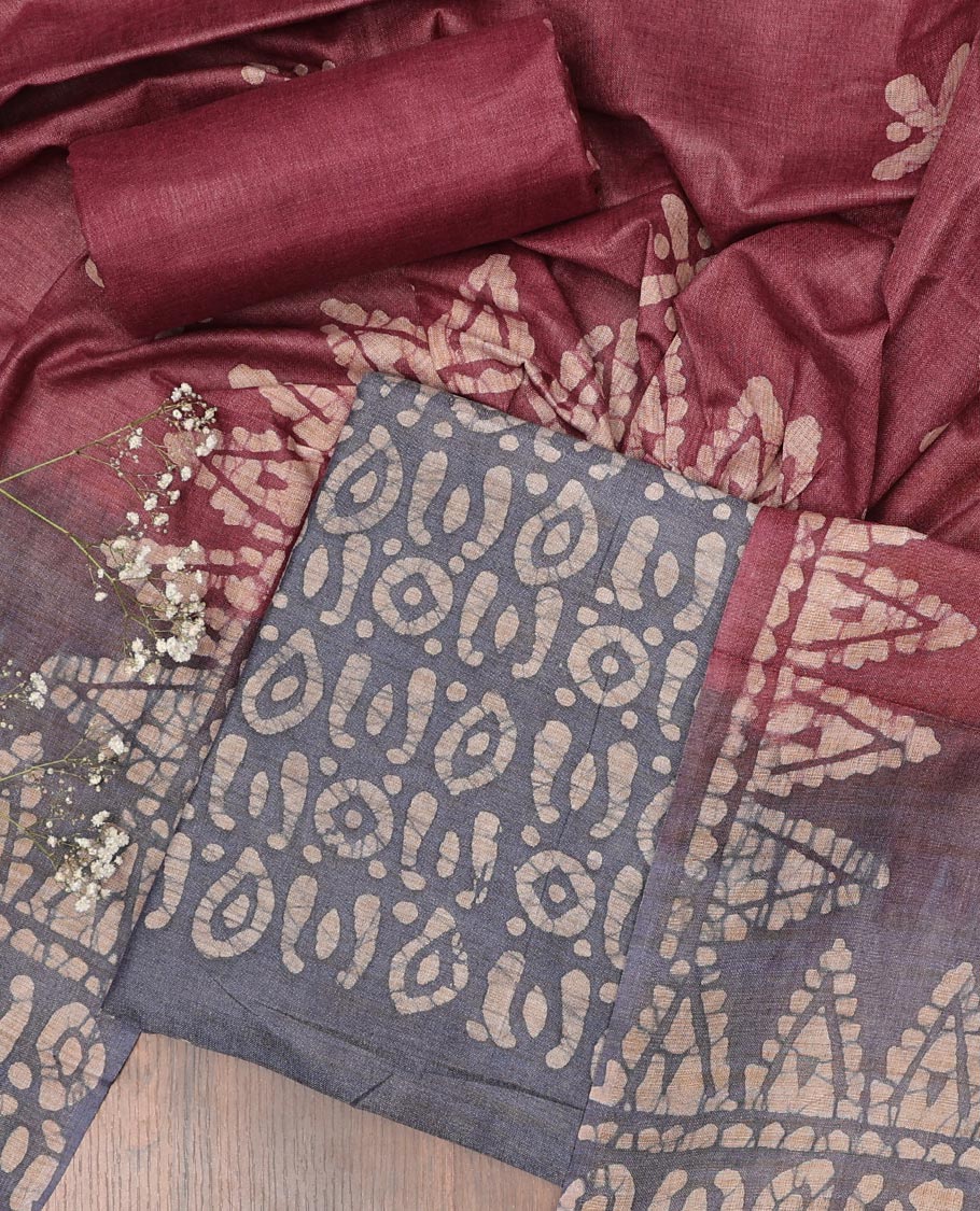 Grey chudidhar material set, batik printed top, contrast batik printed bottom & batik printed dupatta
