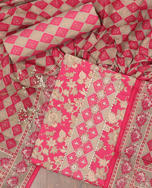 Pink chudidar material set, floral vine printed top, contrast argyle printed bottom & dupatta of argyle & floral print