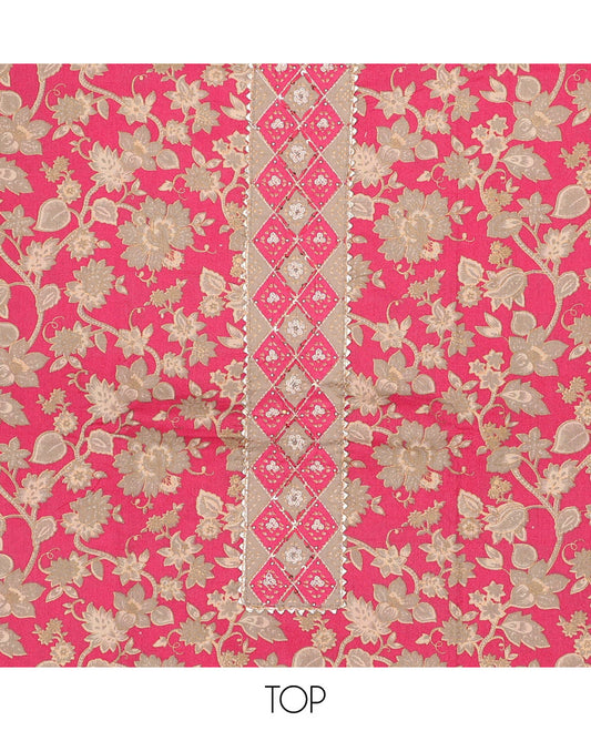 Pink chudidar material set, floral vine printed top, contrast argyle printed bottom & dupatta of argyle & floral print