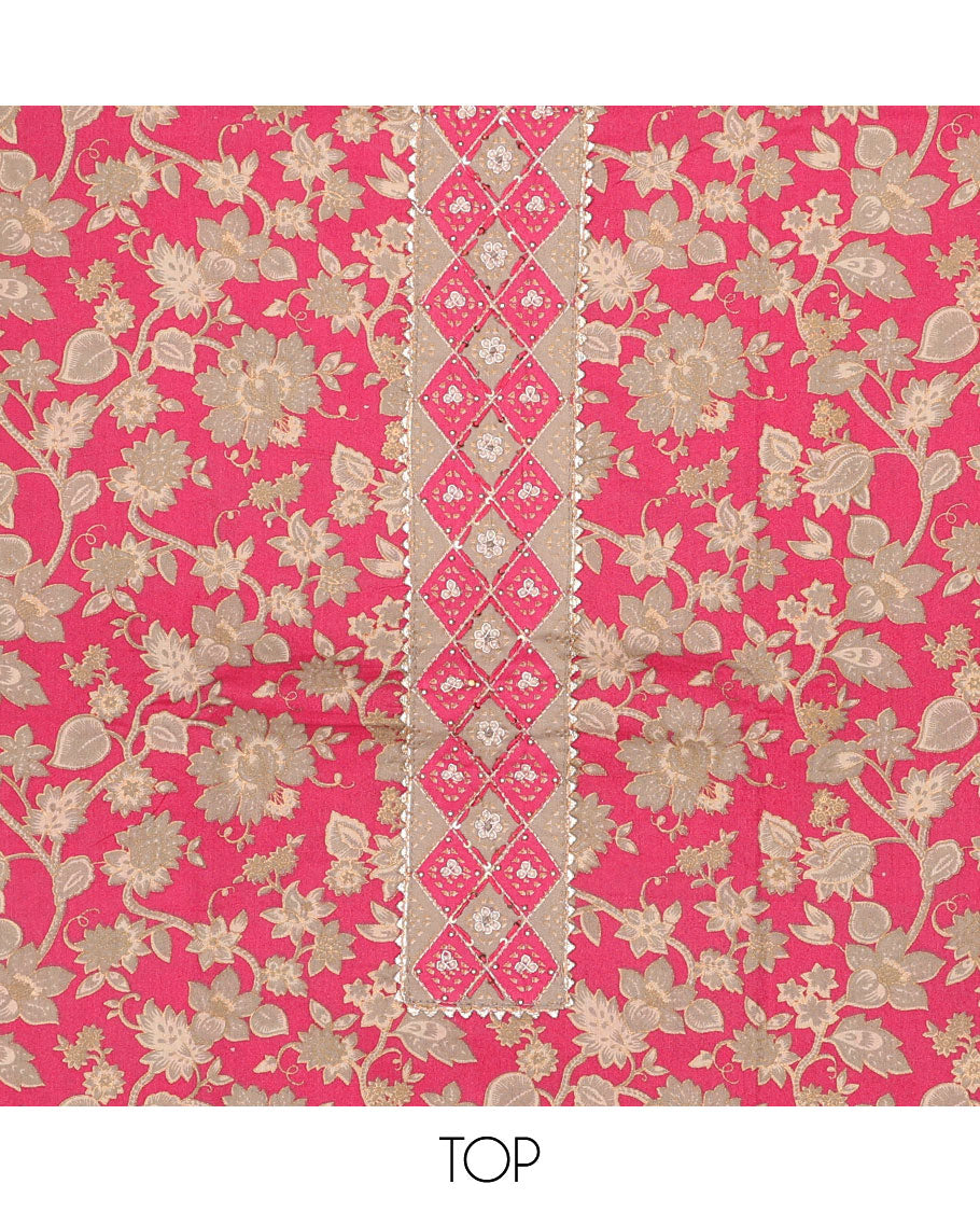 Pink chudidar material set, floral vine printed top, contrast argyle printed bottom & dupatta of argyle & floral print