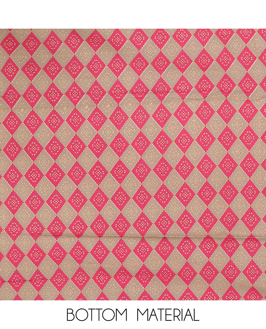 Pink chudidar material set, floral vine printed top, contrast argyle printed bottom & dupatta of argyle & floral print