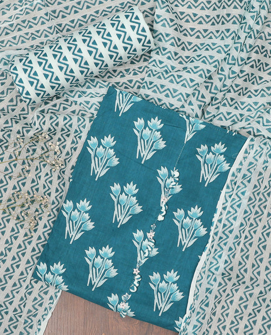 Blue chudidar material set, floral motifs printed cotton top, contrast bottom & dupatta of chevron print