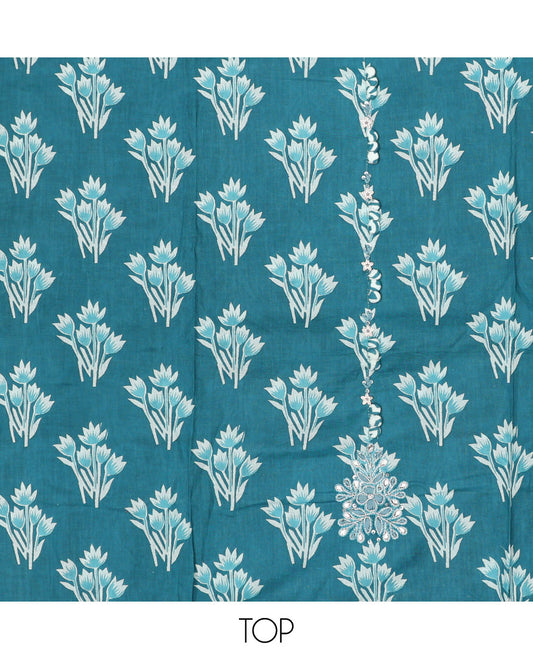 Blue chudidar material set, floral motifs printed cotton top, contrast bottom & dupatta of chevron print