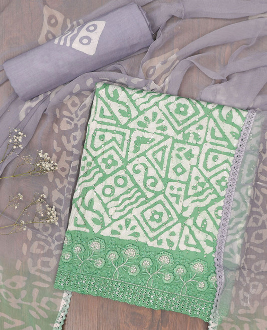 Green chudidar material set, batik printed top, contrast printed bottom & batik printed dupatta