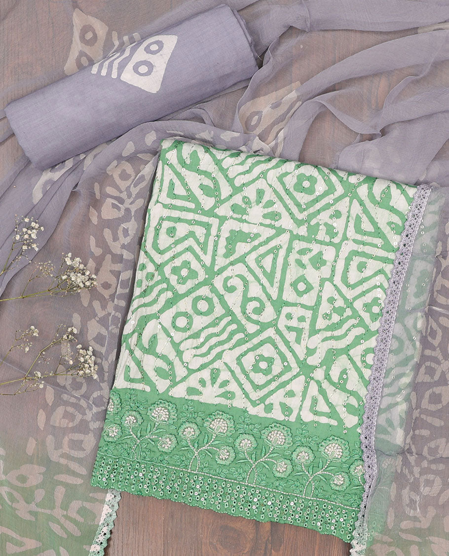 Green chudidar material set, batik printed top, contrast printed bottom & batik printed dupatta