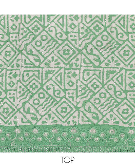 Green chudidar material set, batik printed top, contrast printed bottom & batik printed dupatta
