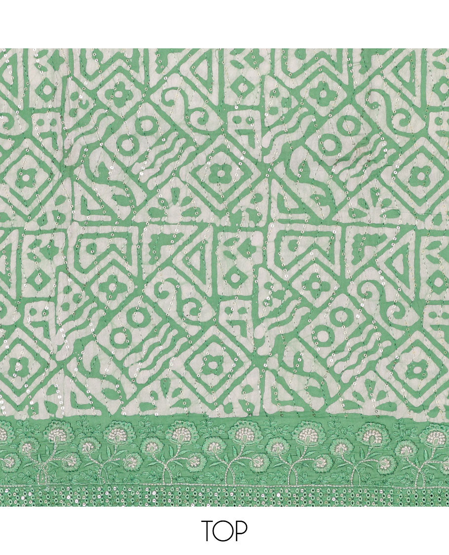 Green chudidar material set, batik printed top, contrast printed bottom & batik printed dupatta