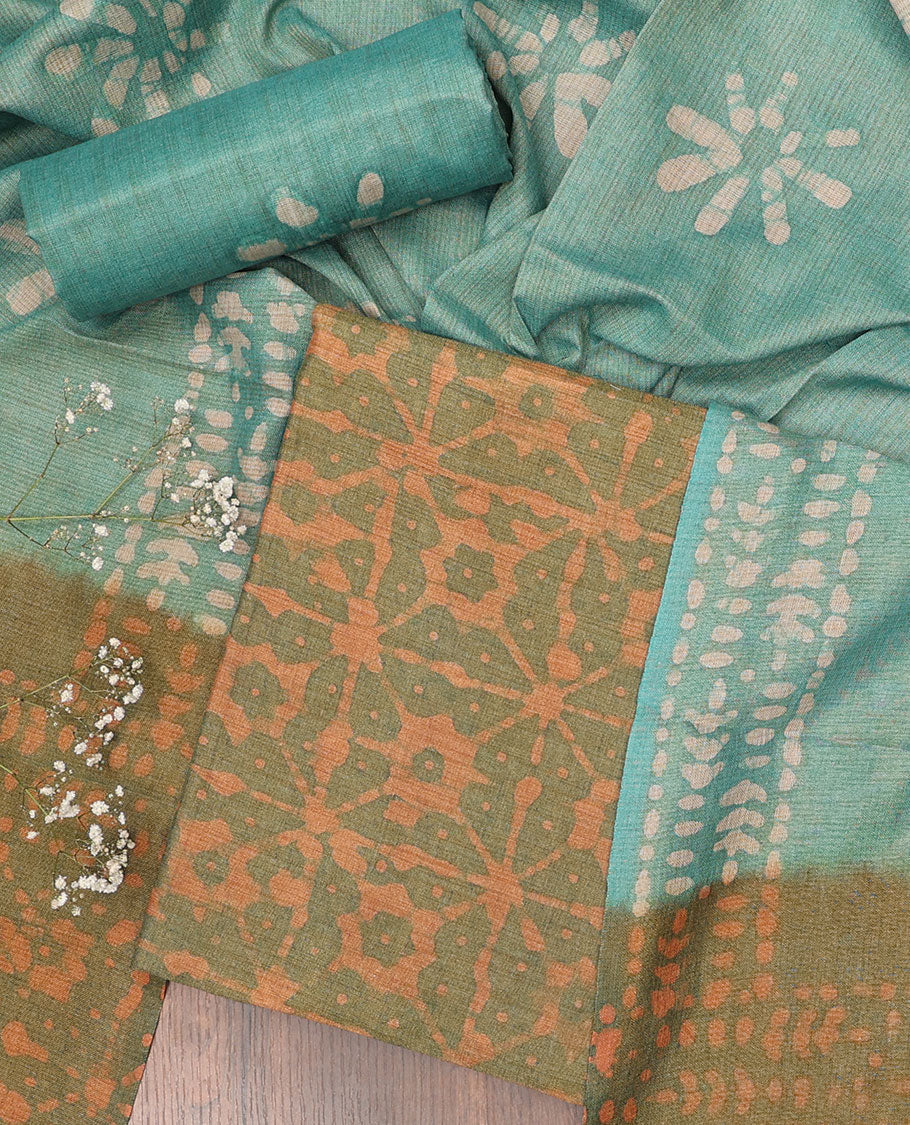 Green chudidhar material set, batik printed top, contrast batik printed bottom & batik printed dupatta